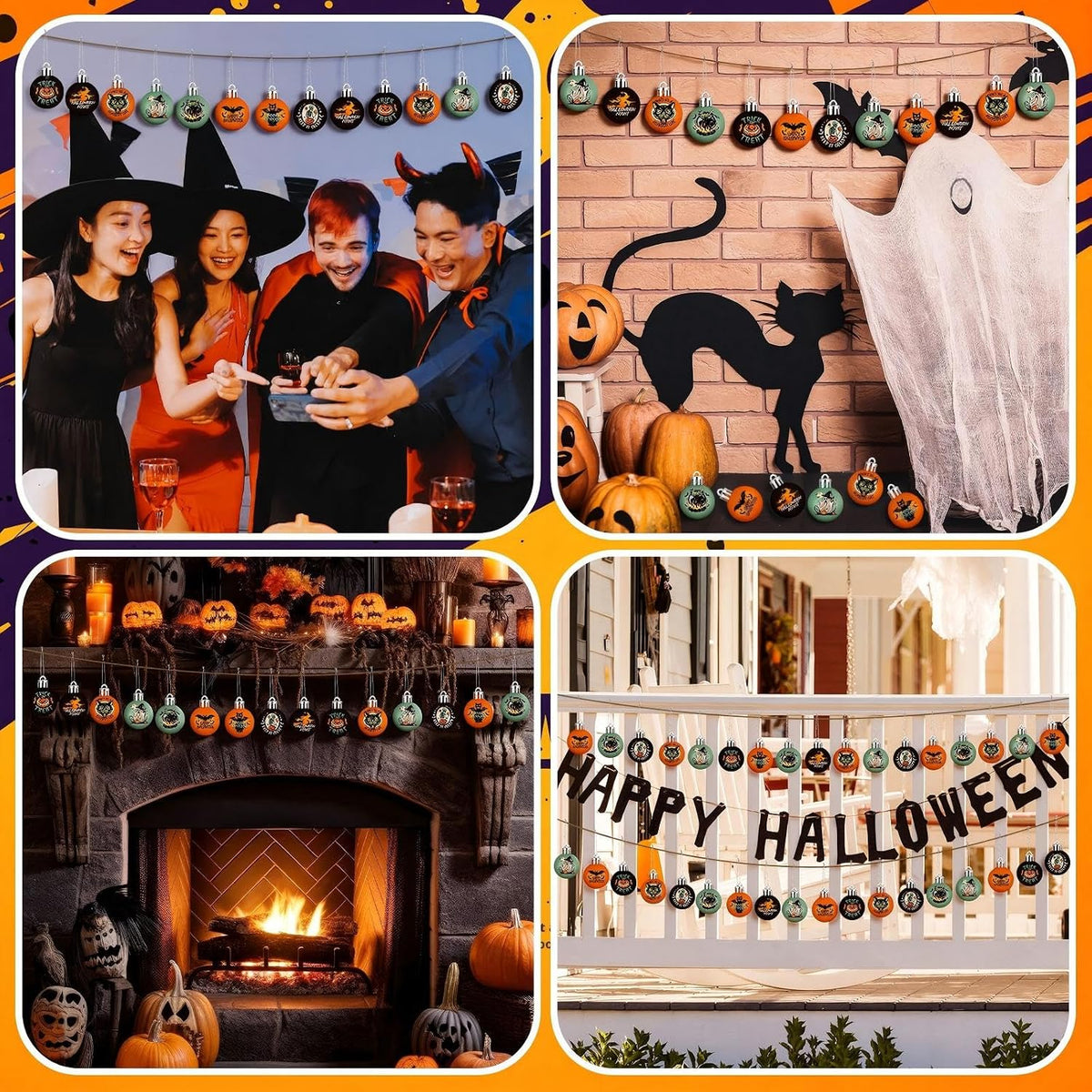 Home Collection Pack of 40 Mini Halloween Ball Ornaments Gothic Hanging Tree Decorations with Pumpkin Ghost Bat and Witch Designs 1.2 Inch