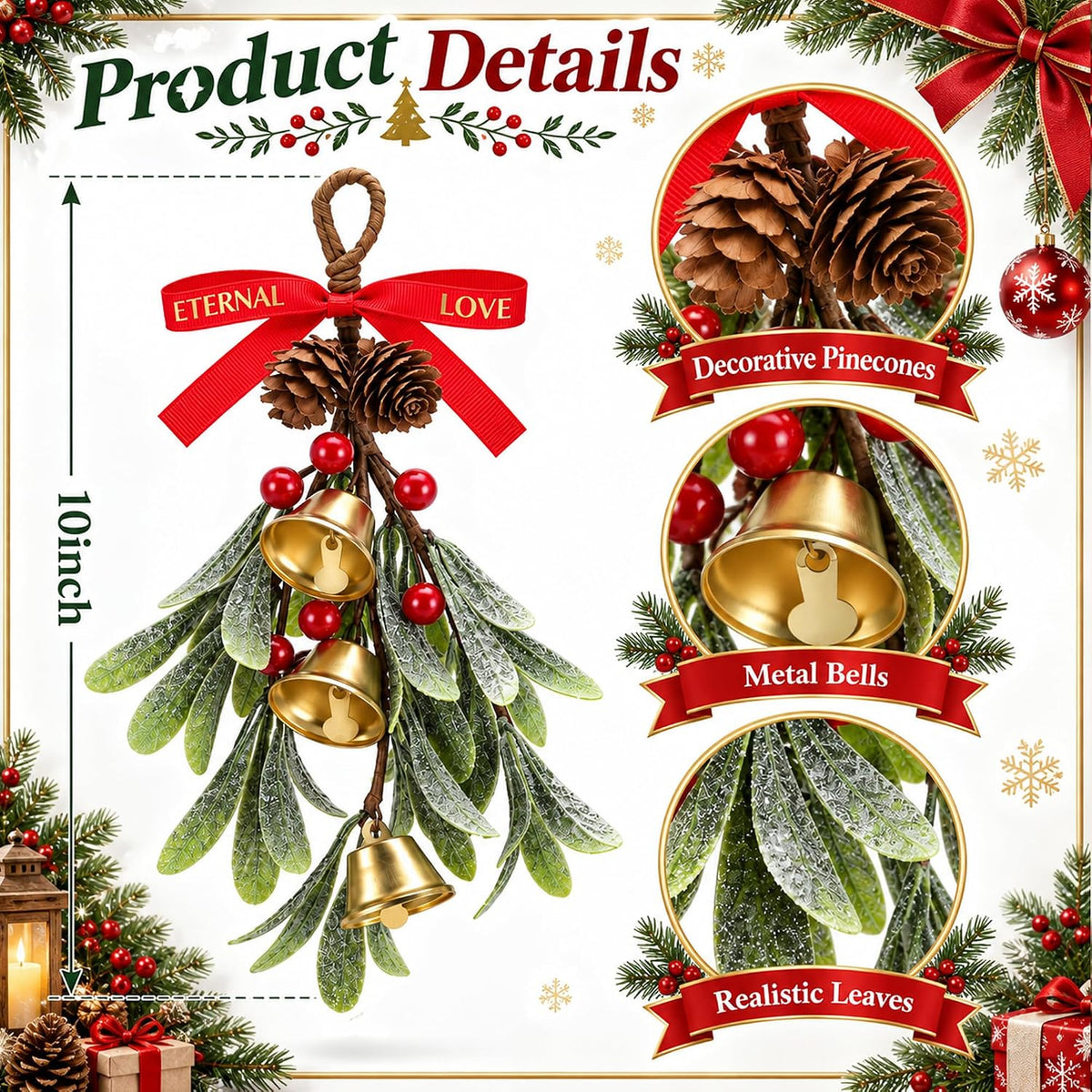 Home Collection Christmas Hanging Bell Ornament with Frosted Pinecones Red Berries & Decorative Bow