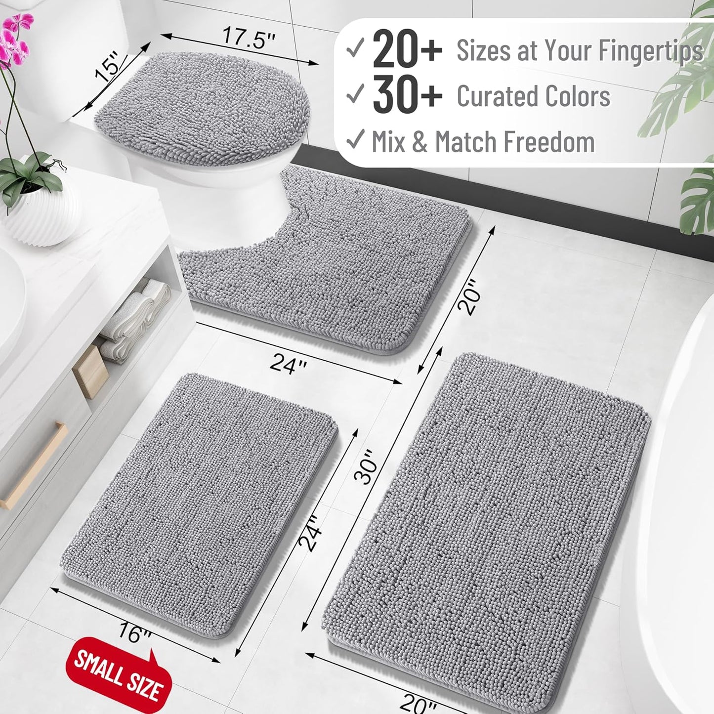 47x17 Chenille Bathroom Rug – Extra Soft Absorbent Bath Mat with Non-Slip Rubber Backing