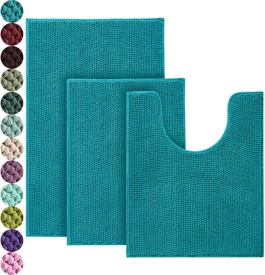 3-Piece Chenille Bathroom Rug Set – Non-Slip Ultra Soft Absorbent Bath Mats for Toilet, Tub, and Floor