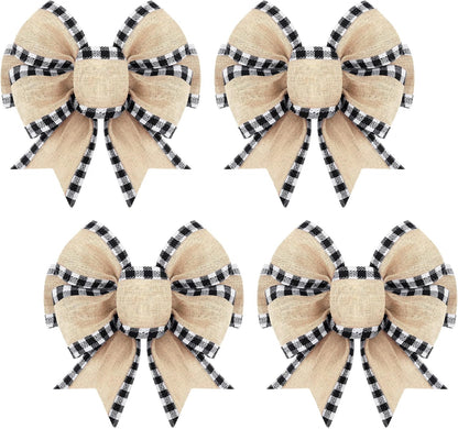 Home Collection Pack of 4 Christmas Buffalo Plaid Bows Burlap Gingham Ribbon Bows for Tree and Wreath Decor 6 Inch