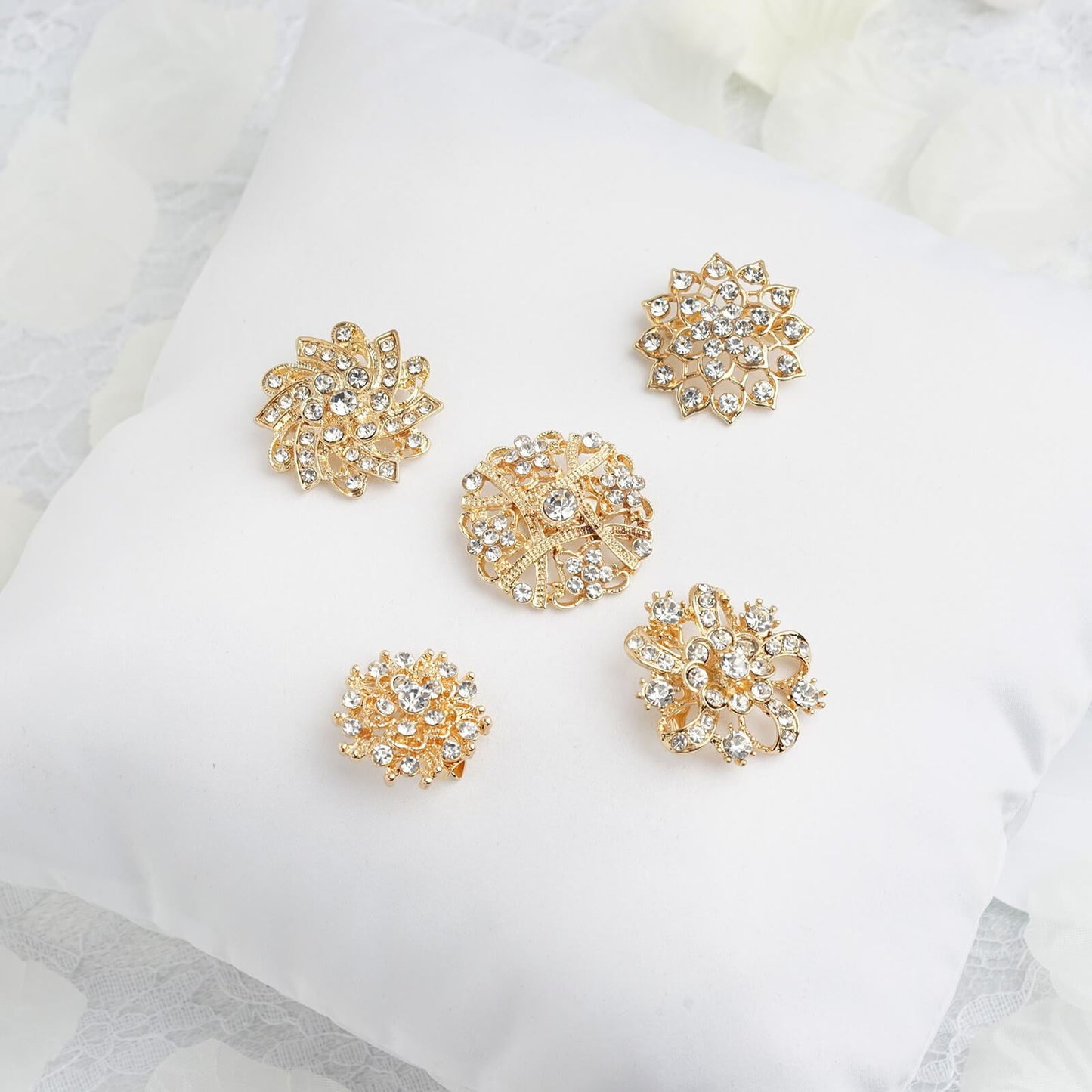 Home Collection 5-Piece Gold Metal Floral Brooch Pins – Rhinestone Wedding & Event Decorations