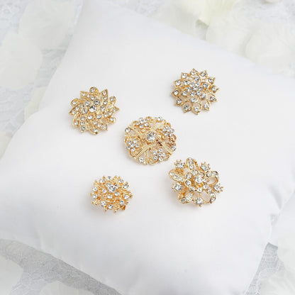 Home Collection 5-Piece Gold Metal Floral Brooch Pins – Rhinestone Wedding & Event Decorations