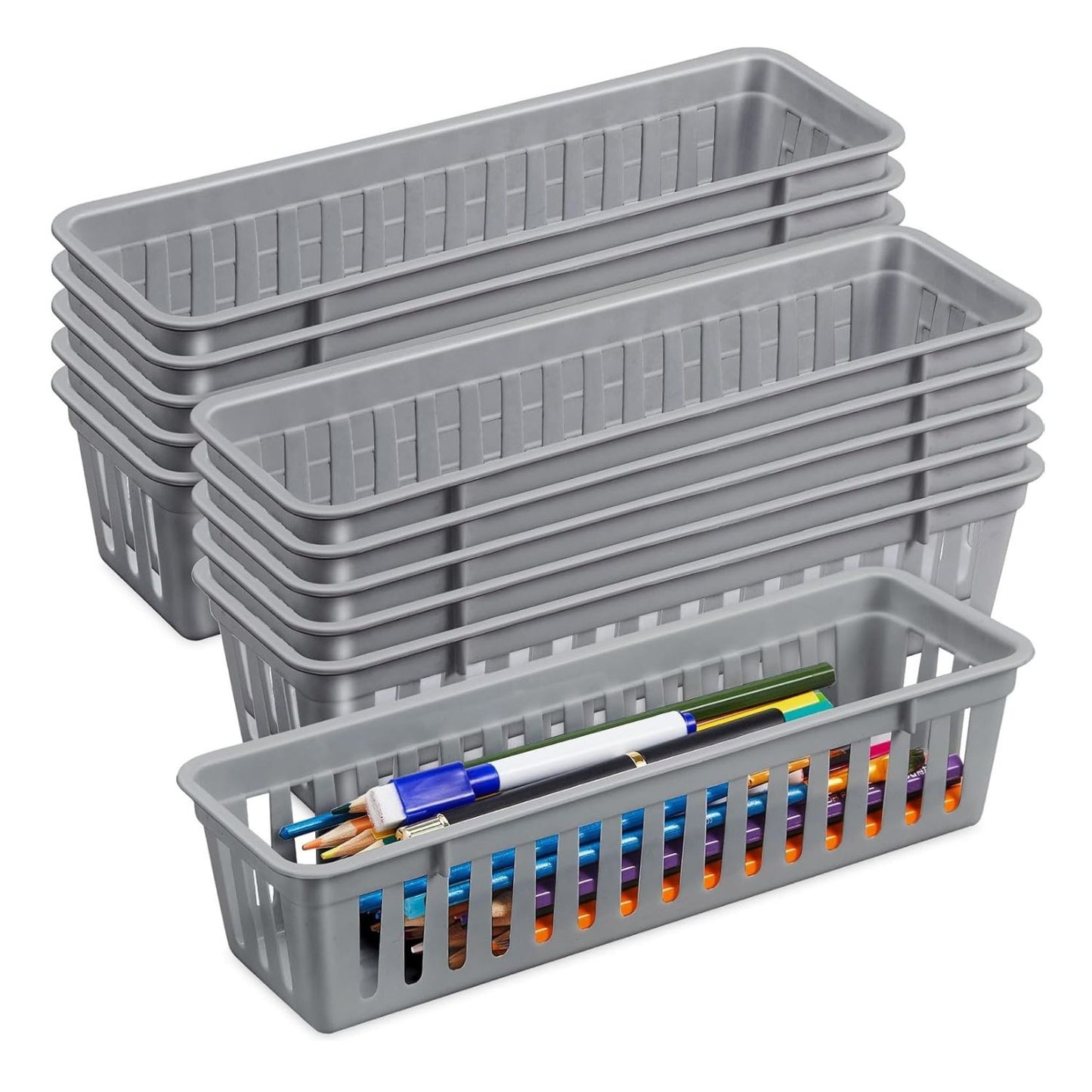 Home Collection Pack of 12 Slim Plastic Storage Baskets Tray Stackable Narrow Organizer Bins
