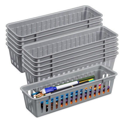 Home Collection Pack of 12 Slim Plastic Storage Baskets Tray Stackable Narrow Organizer Bins