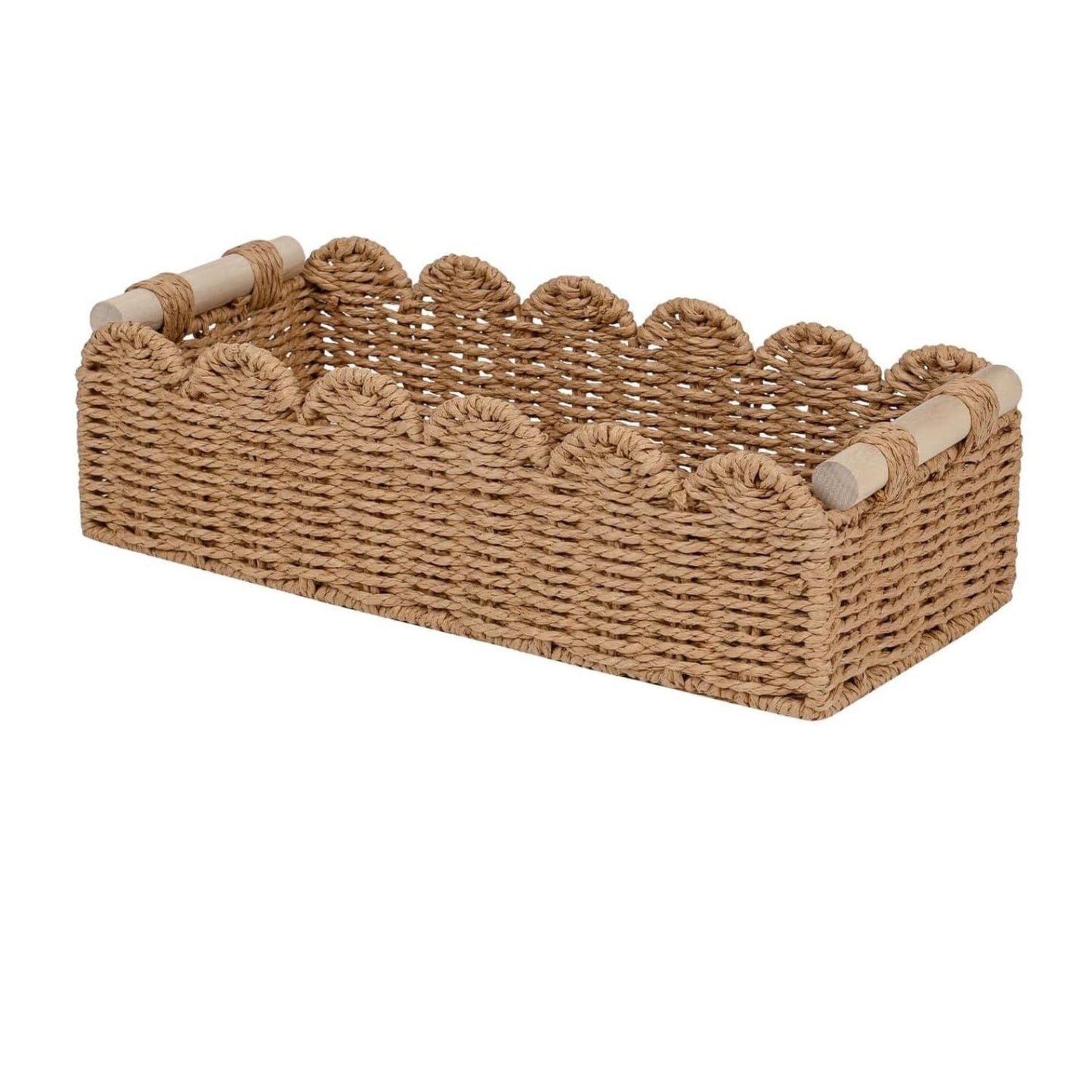 Home Collection Scalloped Edge Toilet Paper Storage Basket Paper Rope Organizer with Wooden Handles