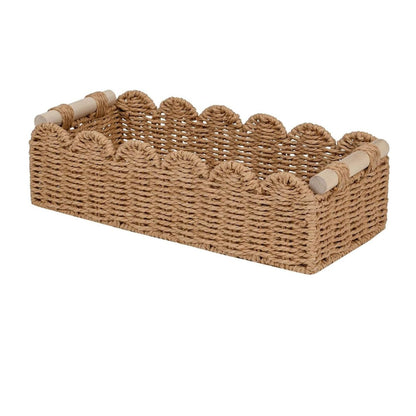 Home Collection Scalloped Edge Toilet Paper Storage Basket Paper Rope Organizer with Wooden Handles