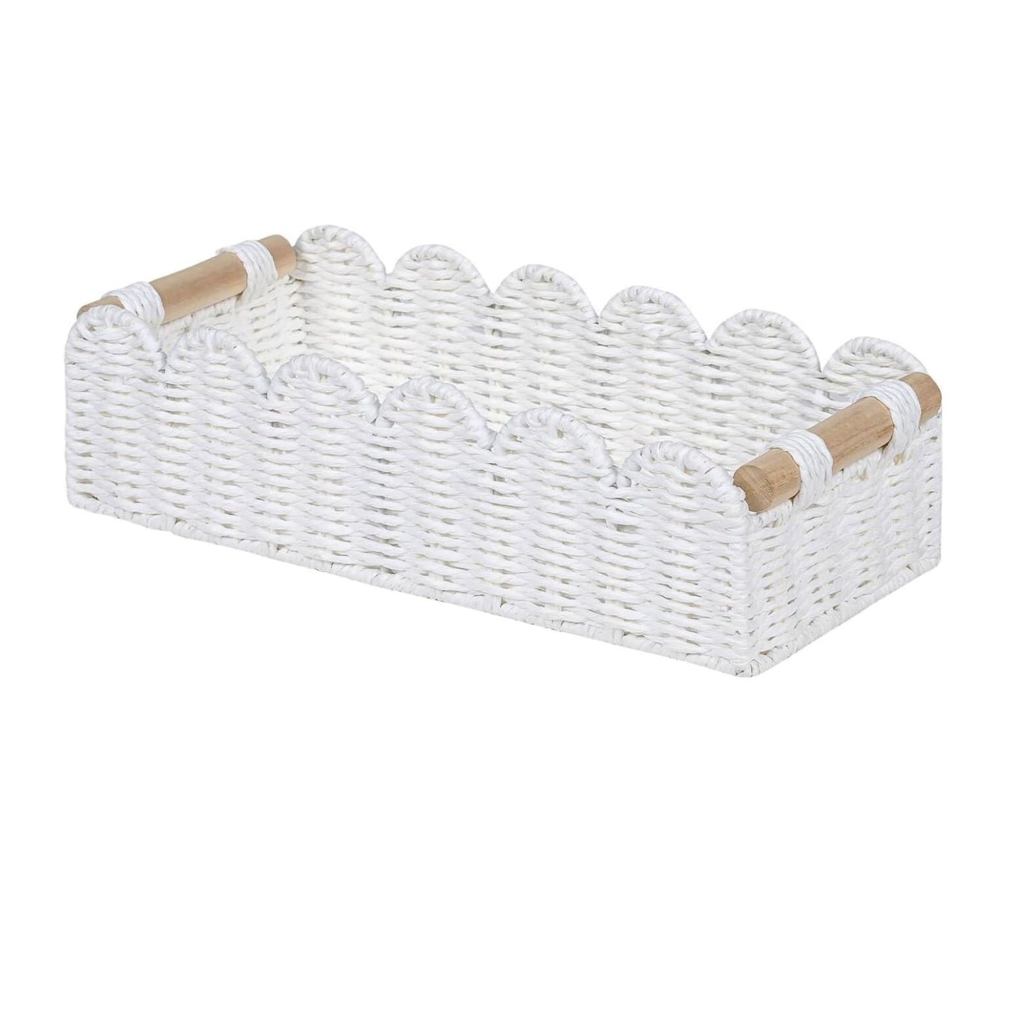 Home Collection Scalloped Edge Toilet Paper Storage Basket Paper Rope Organizer with Wooden Handles