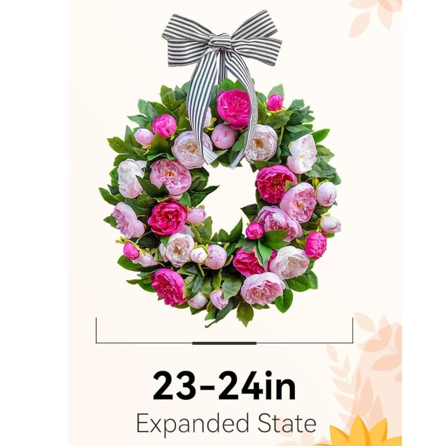 Home Collection Spring Wreath for Front Door with Pink White Peonies and Striped Bow 24 Inch