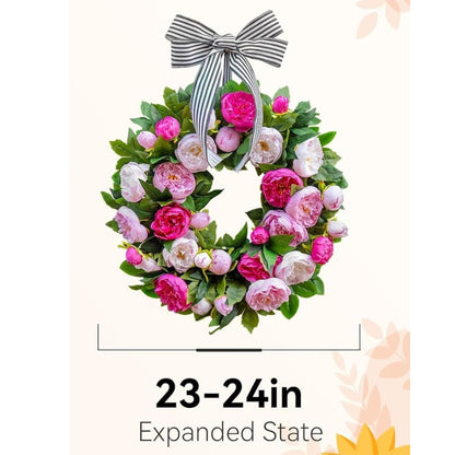 Home Collection Spring Wreath for Front Door with Pink White Peonies and Striped Bow 24 Inch