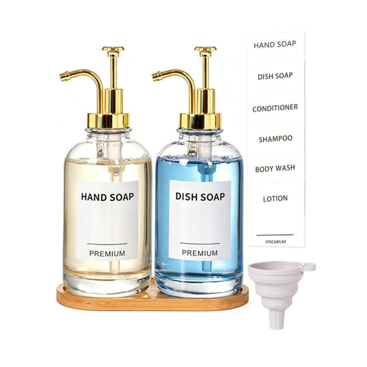 Home Collection Pack of 2 18Oz Clear Glass Soap Dispensers with Pumps Tray and Labels
