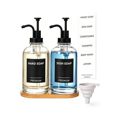 Home Collection Pack of 2 18Oz Clear Glass Soap Dispensers with Pumps Tray and Labels