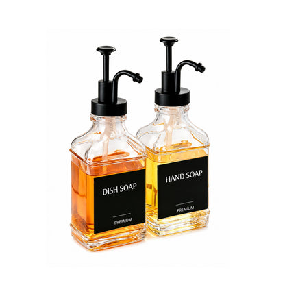 Home Collection Pack of 2 18Oz Clear Glass Soap Dispensers with Pumps Tray and Labels