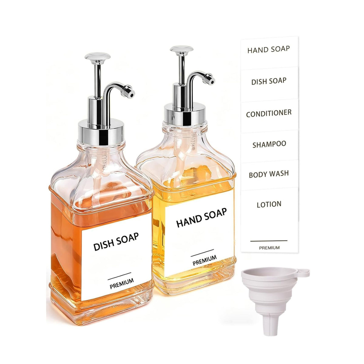 Home Collection Pack of 2 18Oz Clear Glass Soap Dispensers with Pumps Tray and Labels