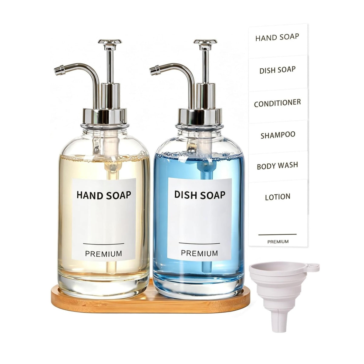 Home Collection Pack of 2 18Oz Clear Glass Soap Dispensers with Pumps Tray and Labels