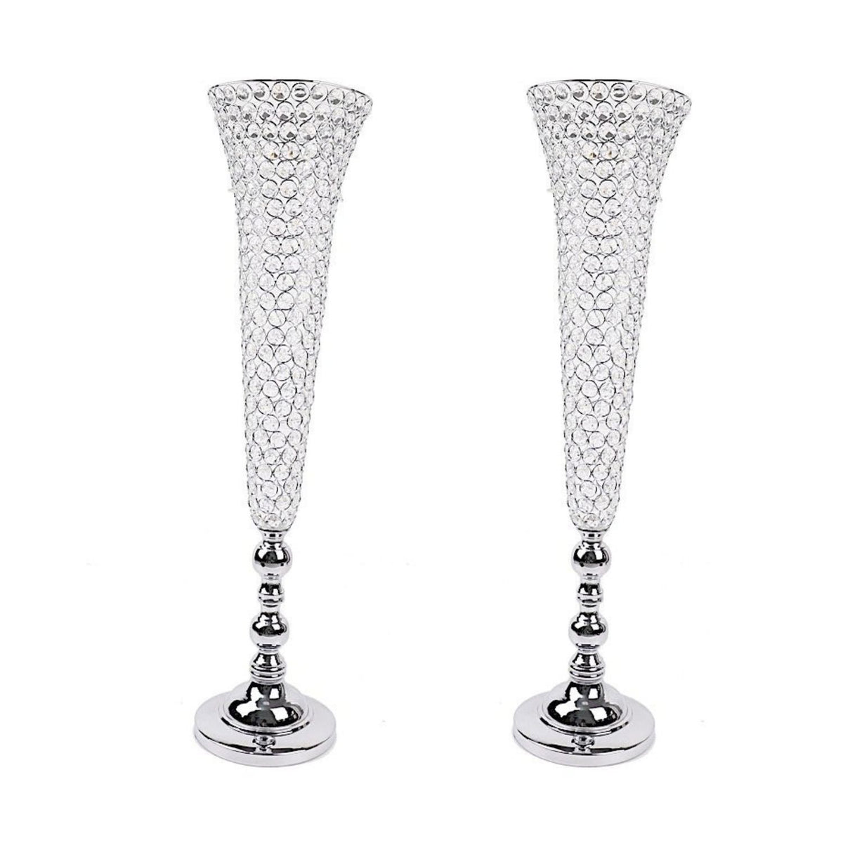 Home Collection 2Pcs Silver Metal Trumpet Vases with Acrylic Crystal Beads 40"