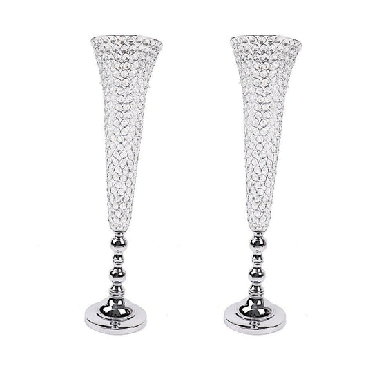 Home Collection 2Pcs Silver Metal Trumpet Vases with Acrylic Crystal Beads 40"
