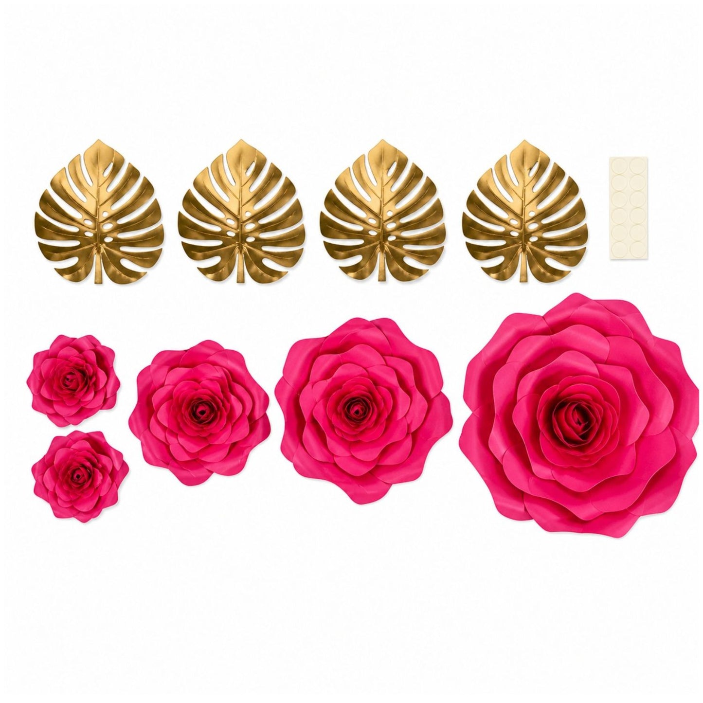 Pack of 9 3D Rose Paper Flowers with Gold Monstera Leaves