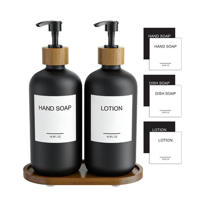 Home Collection Pack of 2 Soap and Lotion Dispenser Set with Wooden Pumps and Tray