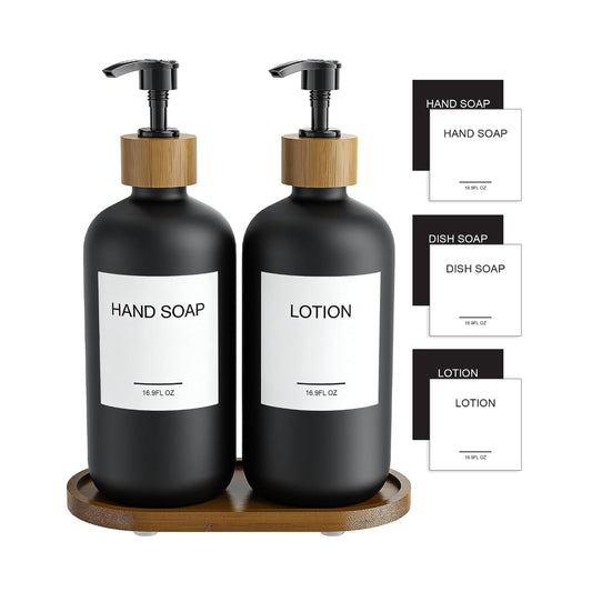 Home Collection Pack of 2 Soap and Lotion Dispenser Set with Wooden Pumps and Tray