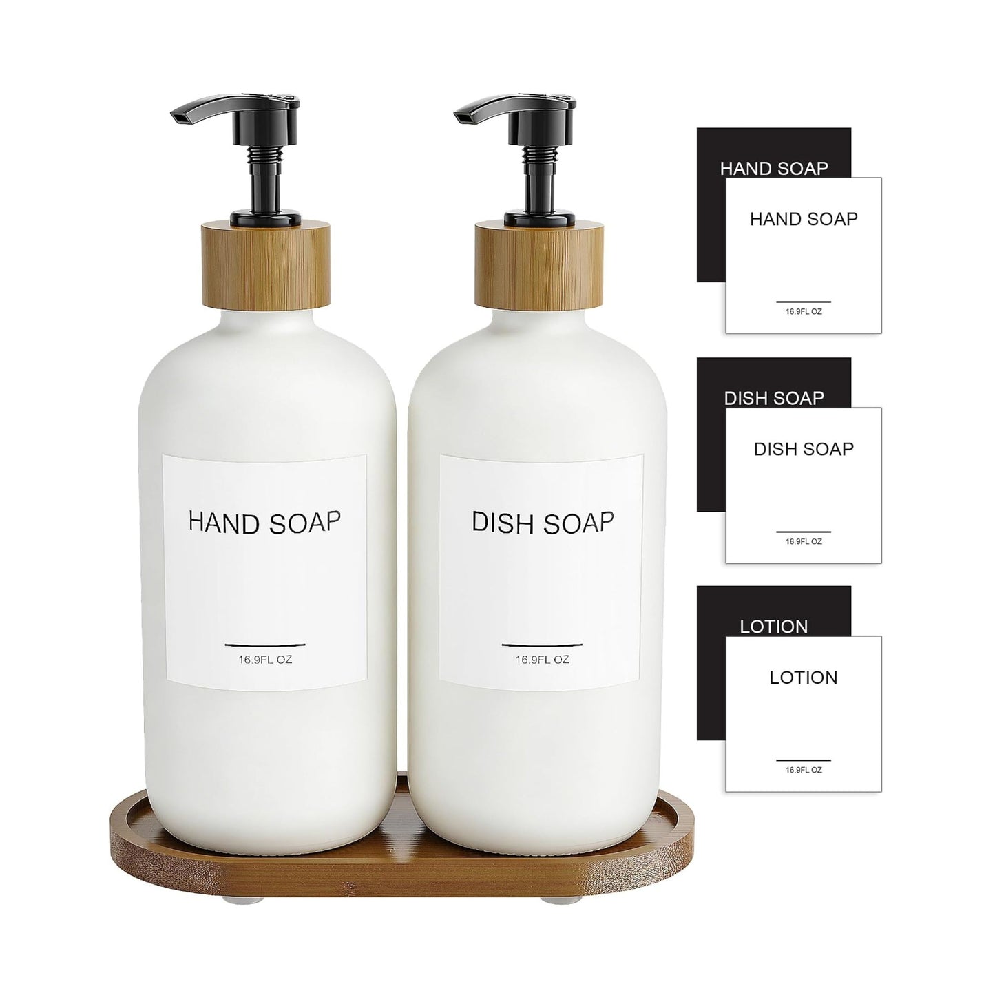 Home Collection Pack of 2 Soap and Lotion Dispenser Set with Wooden Pumps and Tray