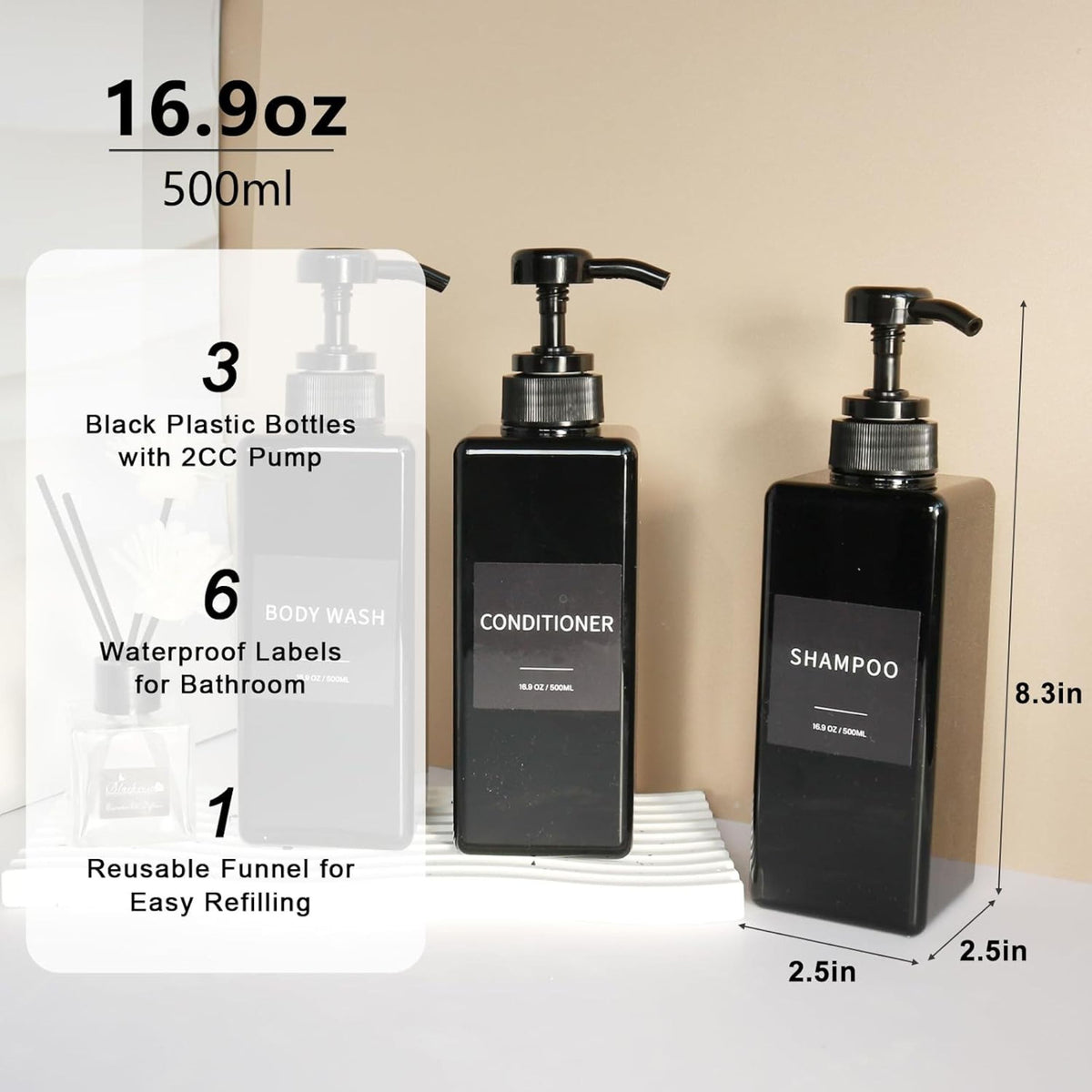 Home Collection Pack of 3 Shampoo Conditioner and Body Wash Pump Dispenser Set 16.9 Oz