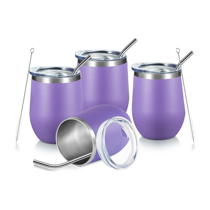 Home Collection Pack of 4 12 oz Stainless Steel Wine Tumblers with Lids & Straws