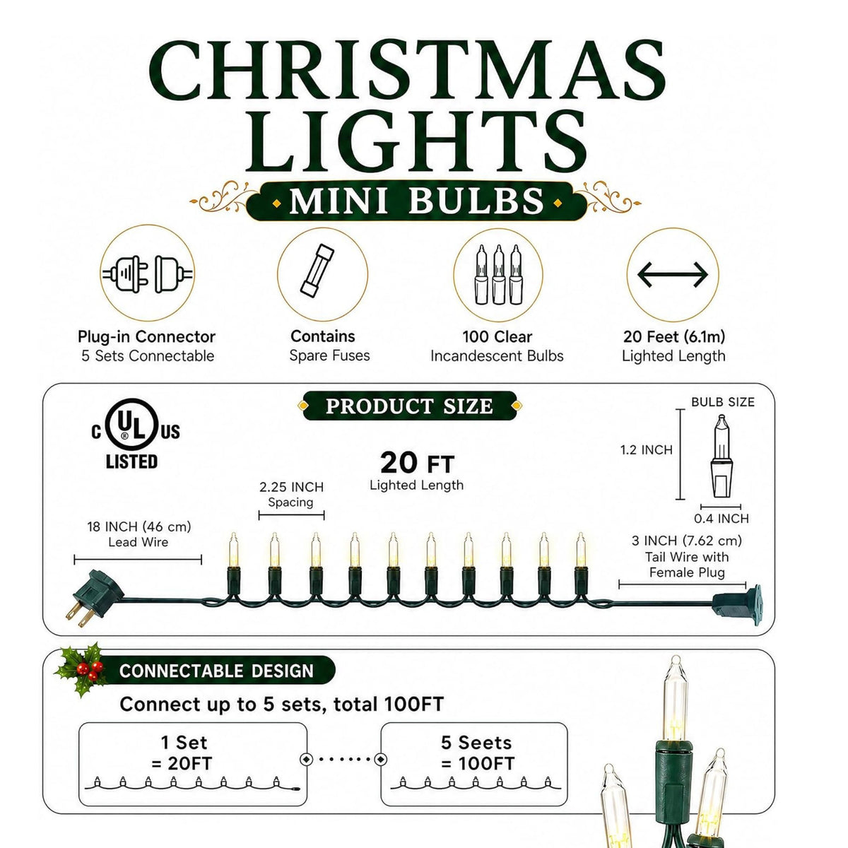 Home Collection 20FT 100-Count Incandescent Christmas String Lights Waterproof Indoor and Outdoor Tree Lights