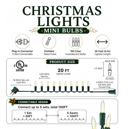 Home Collection 20FT 100-Count Incandescent Christmas String Lights Waterproof Indoor and Outdoor Tree Lights