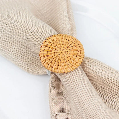 Home Collection Pack of 4 Natural Metal Napkin Rings with Woven Rattan Design 2"