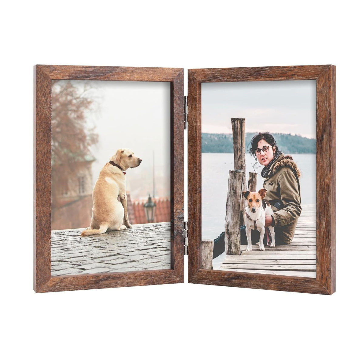 Home Collection Double Wooden Hinged Picture Frame 4x6 Inch Vertical Tabletop Display