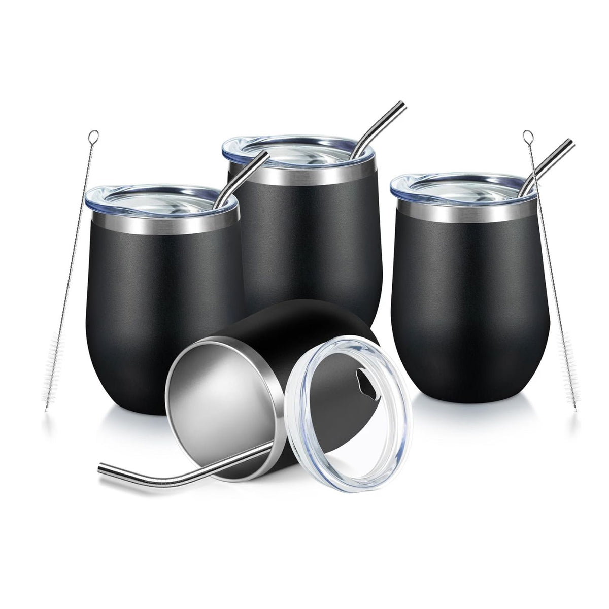 Home Collection Pack of 4 12 oz Stainless Steel Wine Tumblers with Lids & Straws