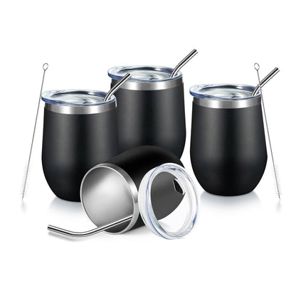 Home Collection Pack of 4 12 oz Stainless Steel Wine Tumblers with Lids & Straws