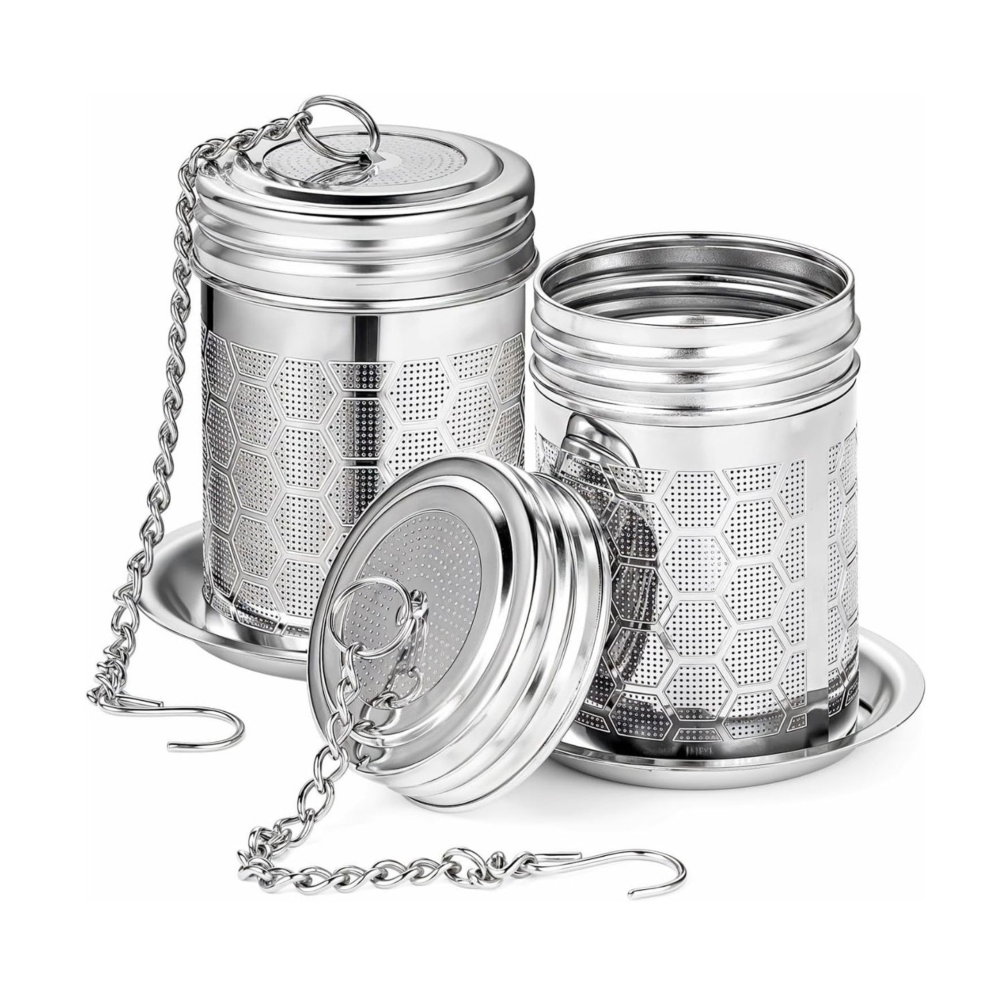 Home Collection Pack of 2 Stainless Steel Tea Infusers with Chain Hook and Threaded Lid