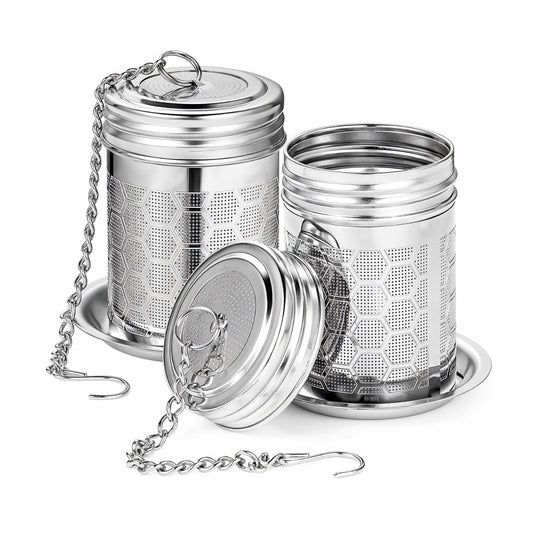 Home Collection Pack of 2 Stainless Steel Tea Infusers with Chain Hook and Threaded Lid