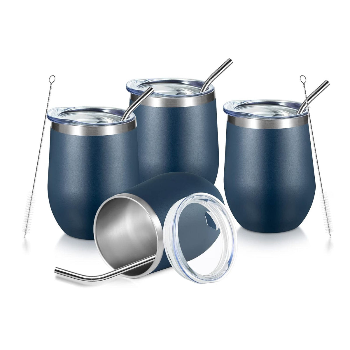 Home Collection Pack of 4 12 oz Stainless Steel Wine Tumblers with Lids & Straws