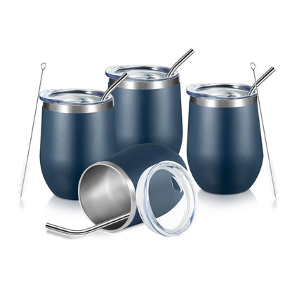 Home Collection Pack of 4 12 oz Stainless Steel Wine Tumblers with Lids & Straws
