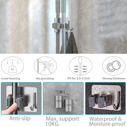Home Collection Stainless Steel Wall Mounted Mop and Broom Holder with Hooks