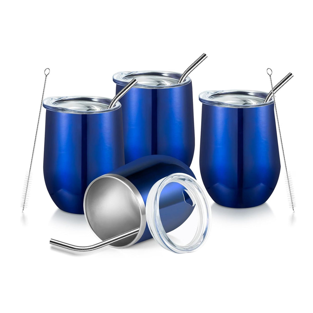 Home Collection Pack of 4 12 oz Stainless Steel Wine Tumblers with Lids & Straws