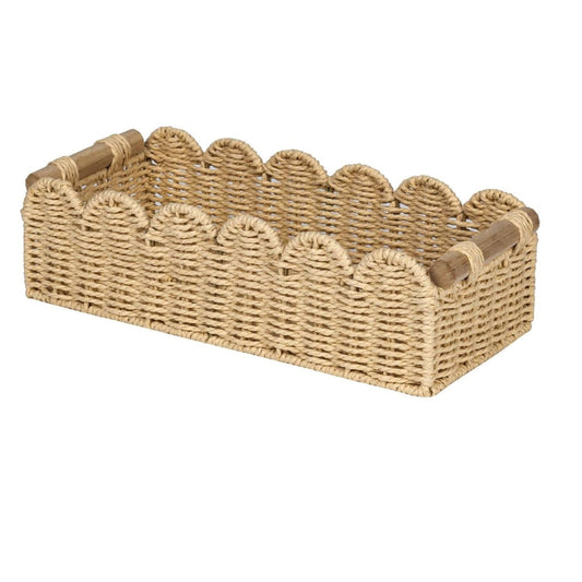 Home Collection Scalloped Edge Toilet Paper Storage Basket Paper Rope Organizer with Wooden Handles