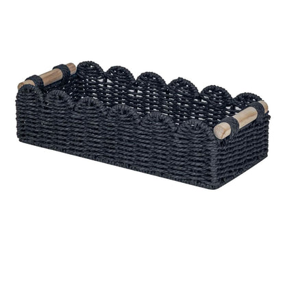 Home Collection Scalloped Edge Toilet Paper Storage Basket Paper Rope Organizer with Wooden Handles