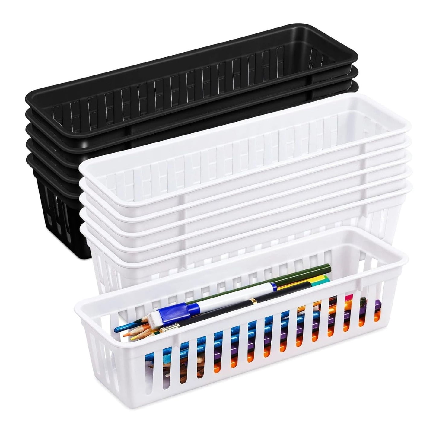 Home Collection Pack of 12 Slim Plastic Storage Baskets Tray Stackable Narrow Organizer Bins