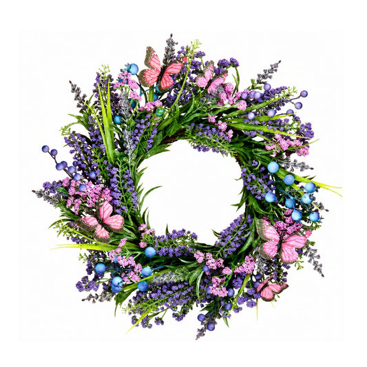 Home Collection Lavender Spring Summer Wreath for Front Door with Berries and Butterflies