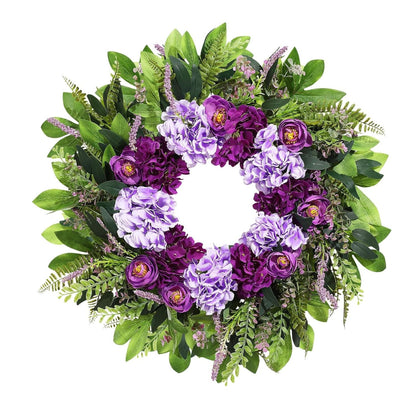 Home Collection Summer Wreath for Front Door with Purple Hydrangea and Ranunculus 24 Inch