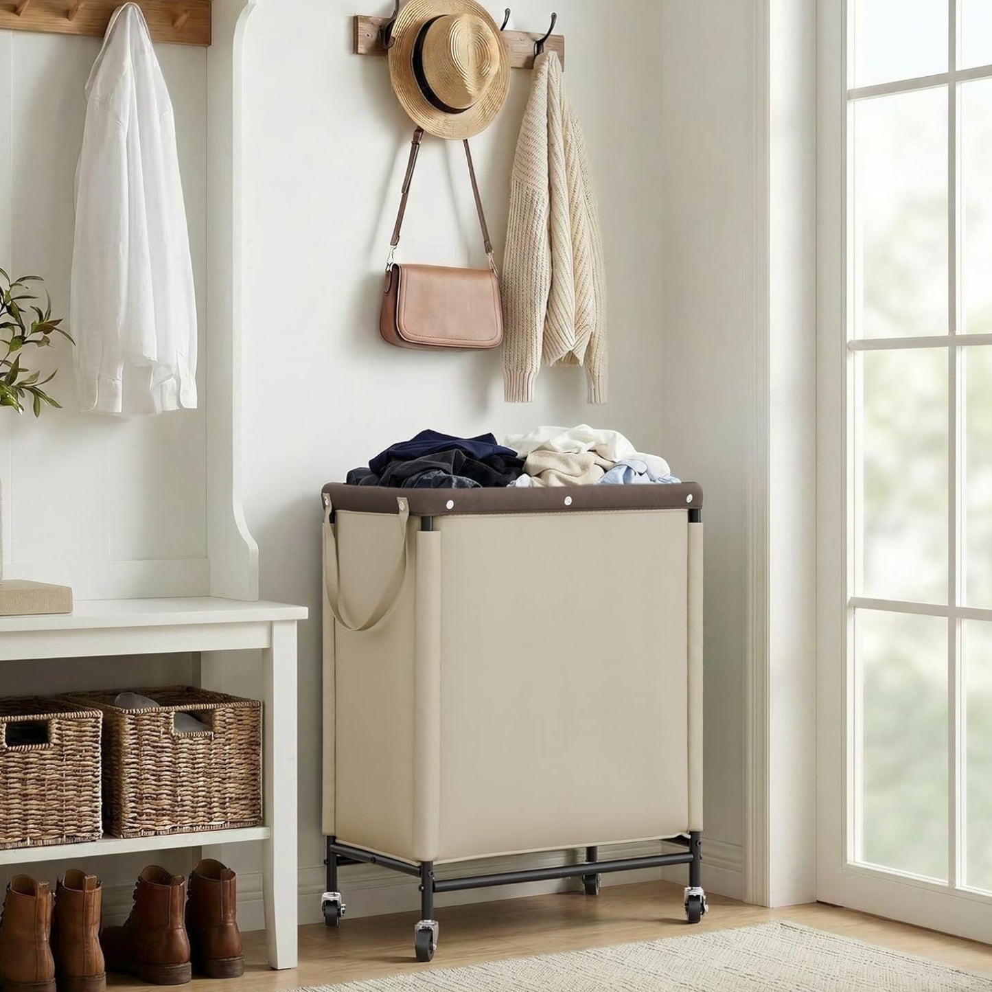 Home Collection 2 Section Rolling Laundry Hamper with Wheels 100L