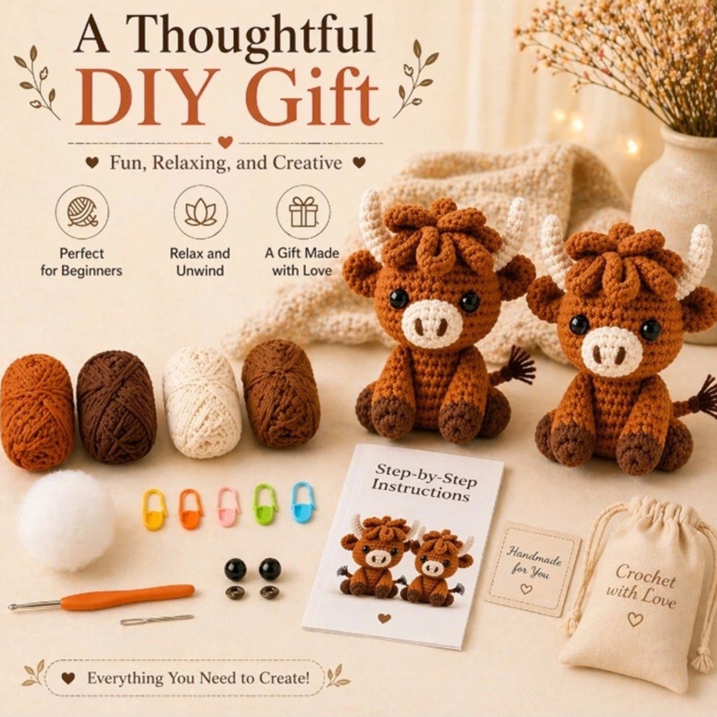 Home Collection Pack of 2 Highland Cow Crochet Kit for Beginners