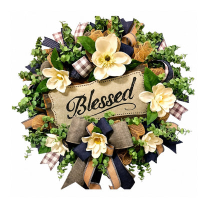 Home Collection Spring Summer Farmhouse Front Door Wreath with White Flowers & Buffalo Plaid Bow