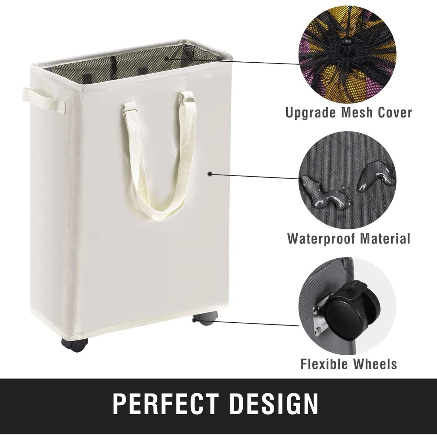 Home Collection 45L Slim Rolling Laundry Hamper with Wheels and Adjustable Handles