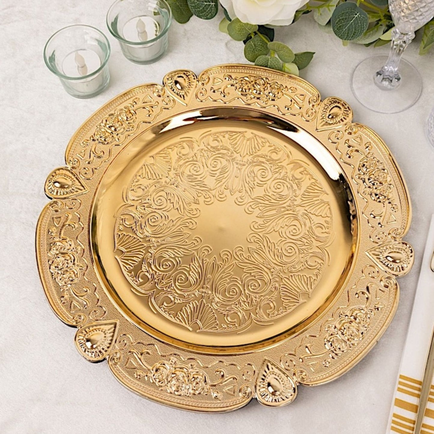 Home Collection Pack of 6 Round Floral Embossed Plastic Charger Plates 13 Inch
