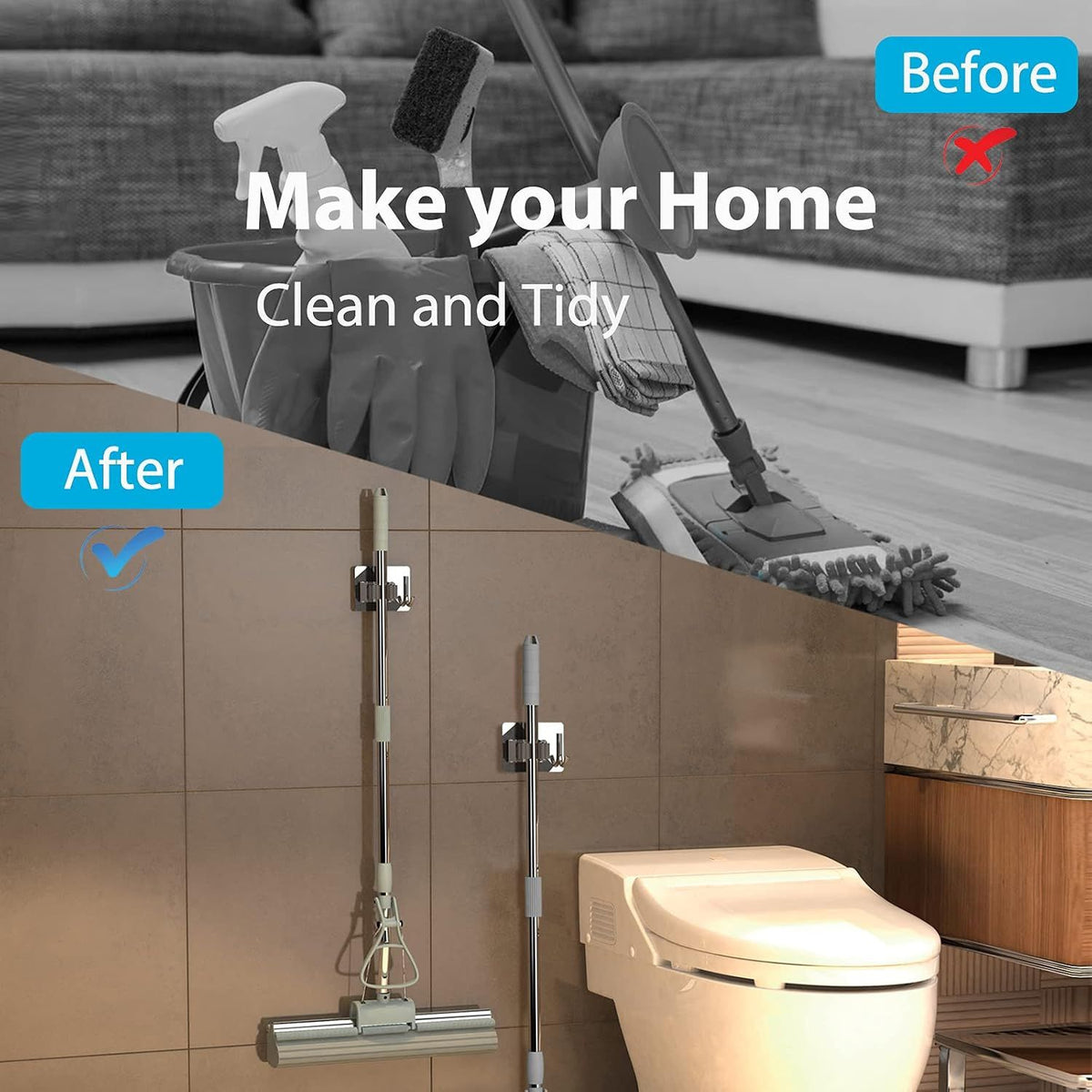 Home Collection Stainless Steel Wall Mounted Mop and Broom Holder with Hooks